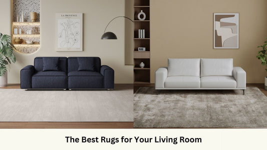 Rugs placed together with Colby blue fabric sofa and Calm white leather sofa
