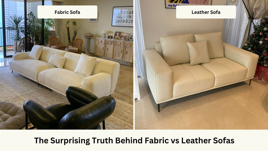 Crystal 260cm white fabric sofa on left and Calm 180cm white full leather sofa on right
