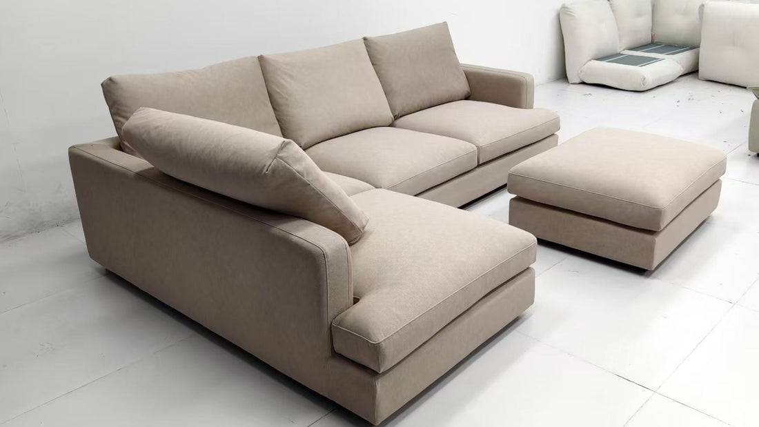 Crescent 280cm fabric L shape sectional sofa in brown pet friendly fabric with increased backrest height to 54cm