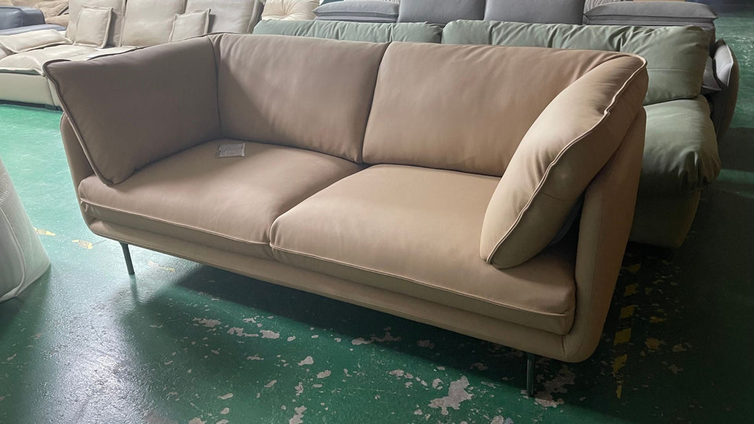 Cuddle 200cm beige half leather sofa with higher backrest and deeper seat depth