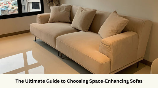 Sofa in neutral colour with high legs that makes a space look more spacious