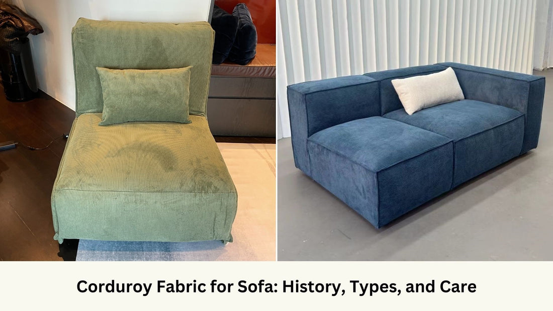 Green corduroy fabric on sofa bed and blue corduroy fabric on single arm sofa
