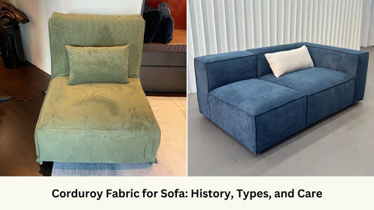 Green corduroy fabric on sofa bed and blue corduroy fabric on single arm sofa