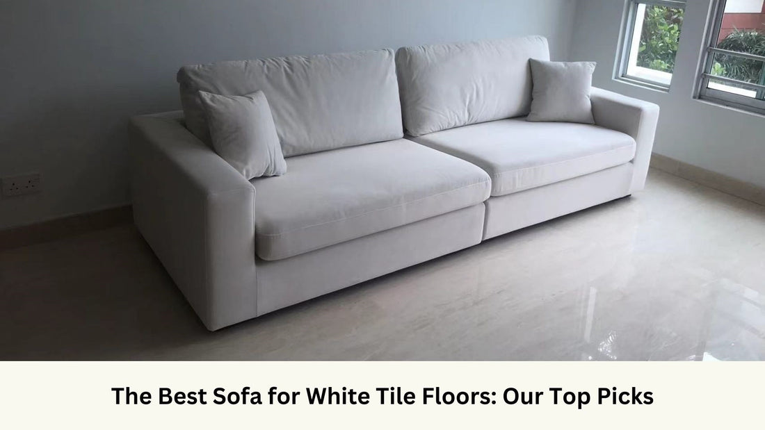 Coastal white pet friendly fabric sofa on white marble floor