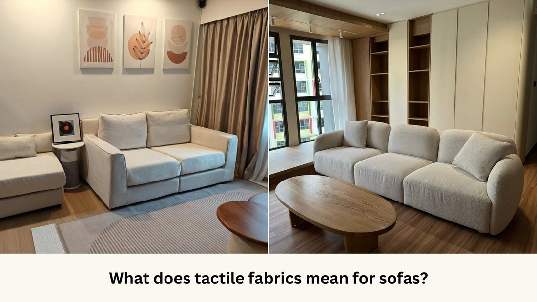 Comfort sofa in chenille fabric on the left and Charmy sofa in boucle fabric on the right