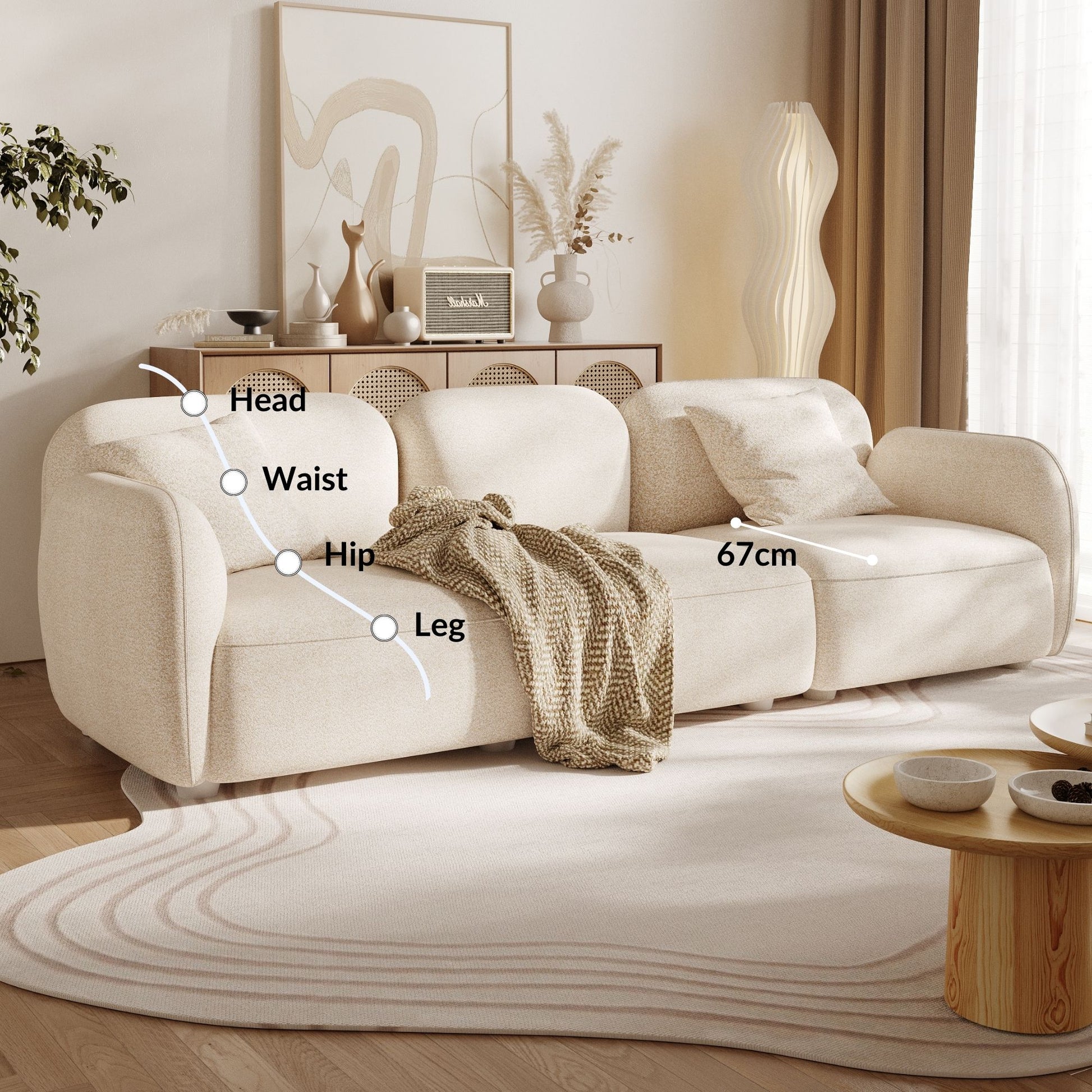 Charmy beige fabric 3 seat sofa