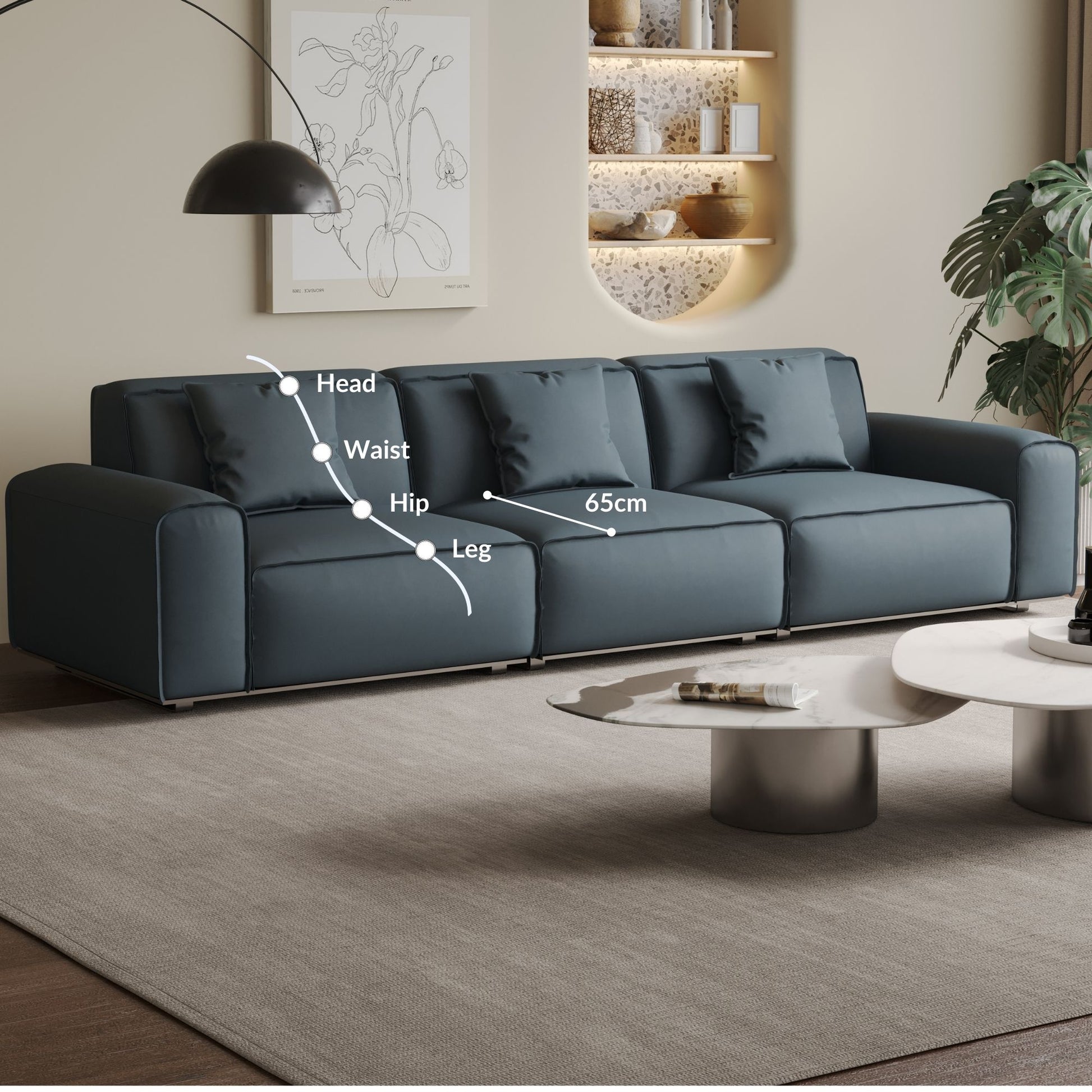 Colby blue top grain half leather 3 seat sofa