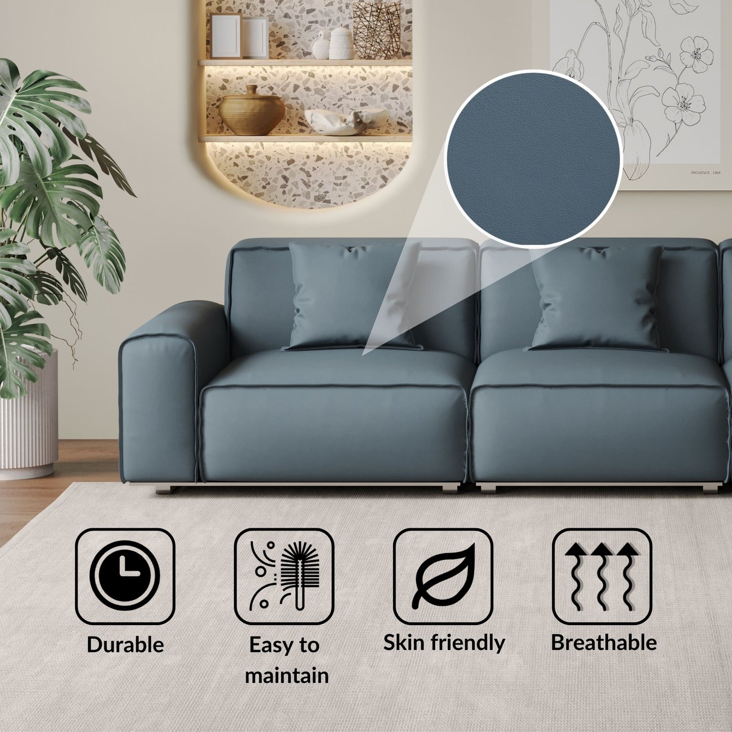 Colby blue top grain half leather 3 seat sofa
