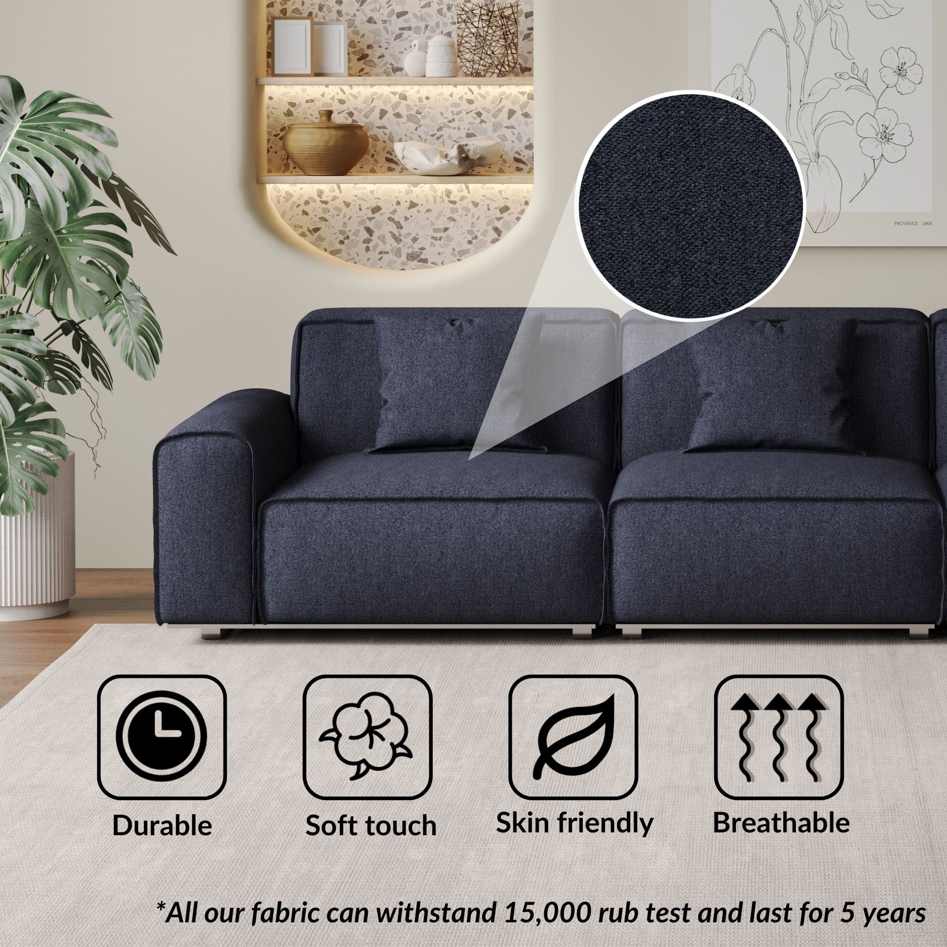 Colby dark blue polyester blend 3 seat fabric sofa