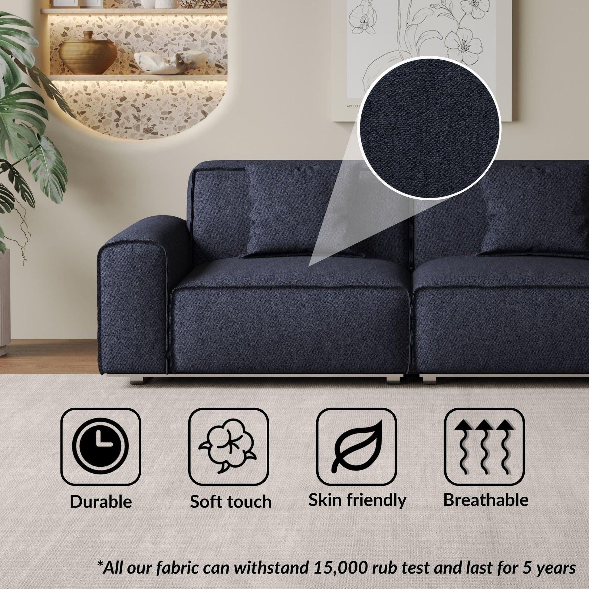 Colby dark blue polyester blend 2 seat fabric sofa