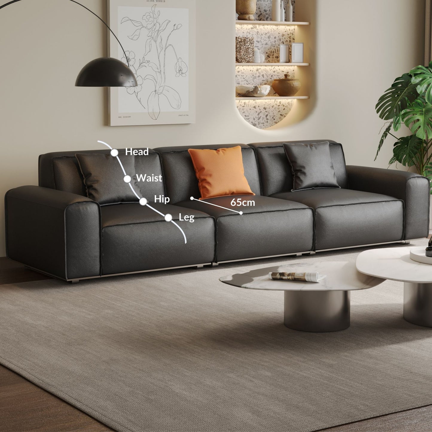 Colby black top grain half leather 3 seat sofa