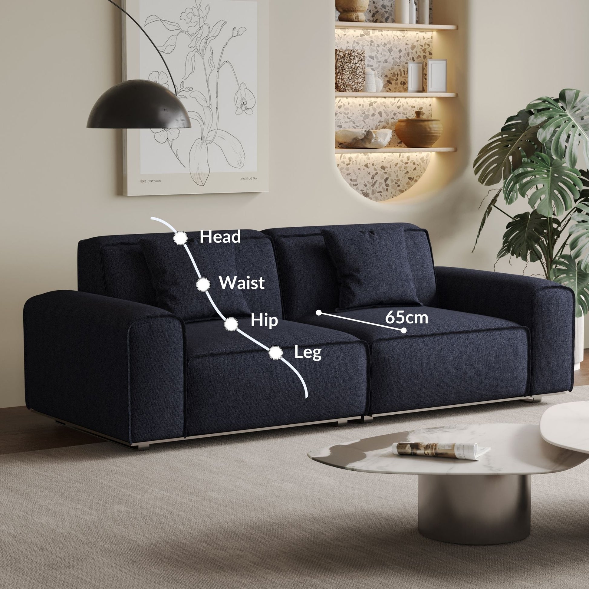 Colby dark blue polyester blend 2 seat fabric sofa
