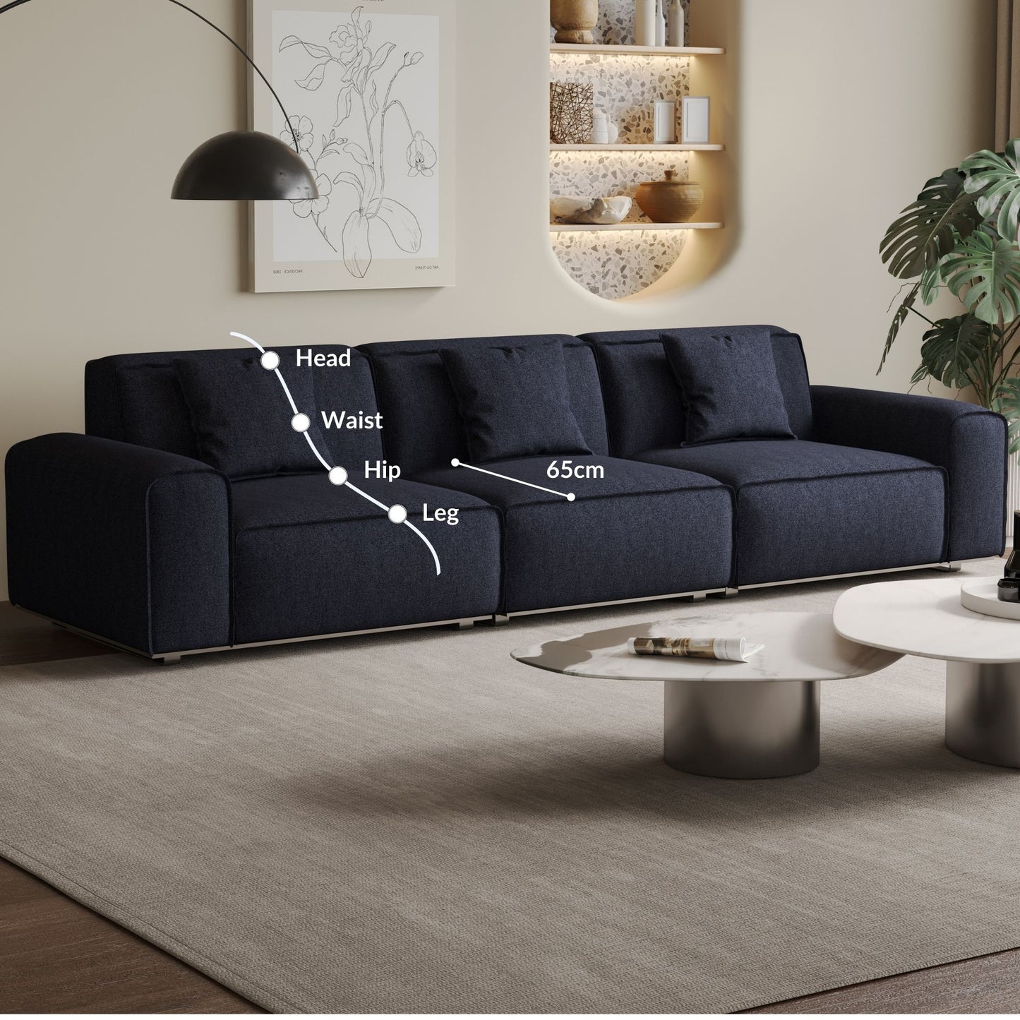 Colby dark blue polyester blend 3 seat fabric sofa