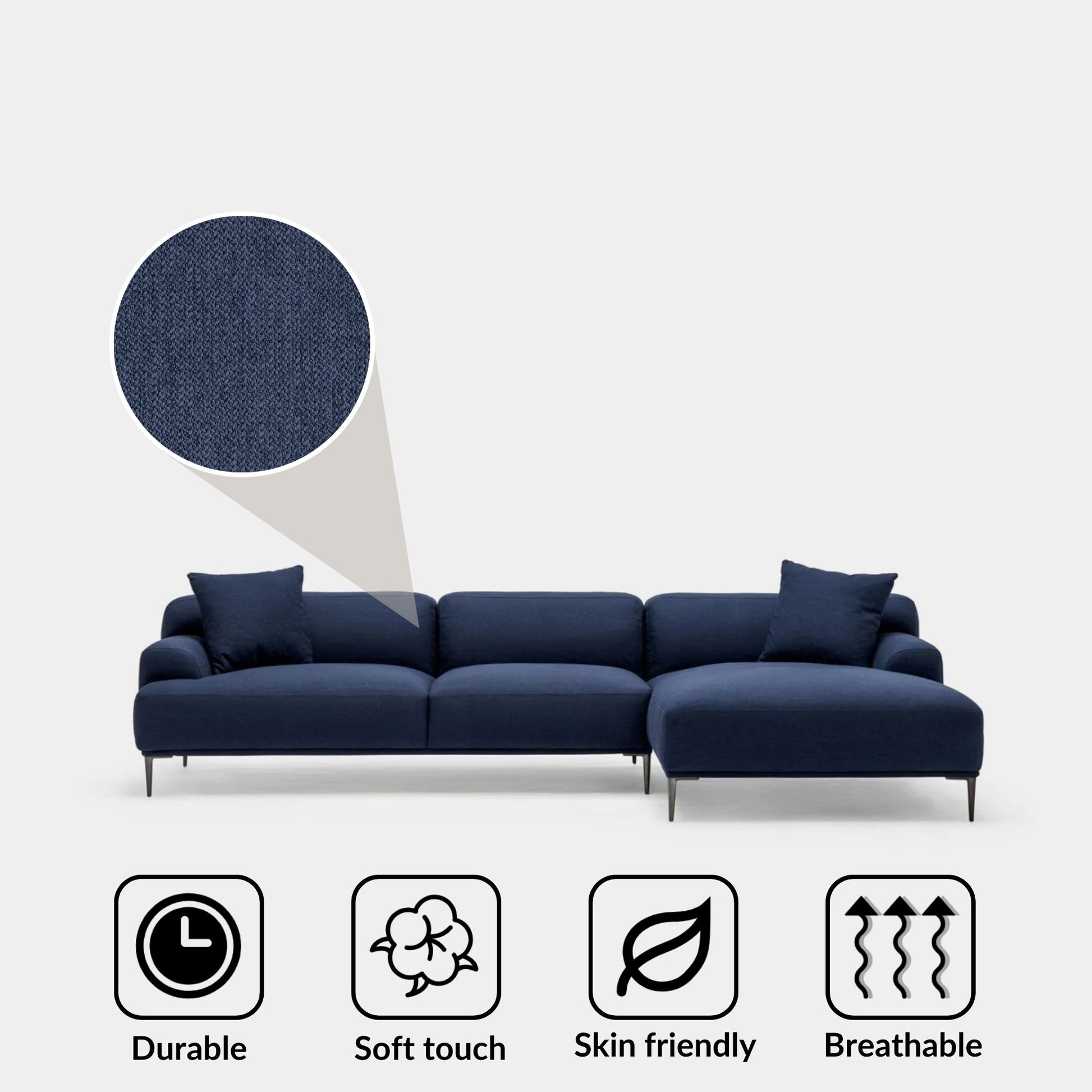 Crystal fabric sectional sofa large right blue