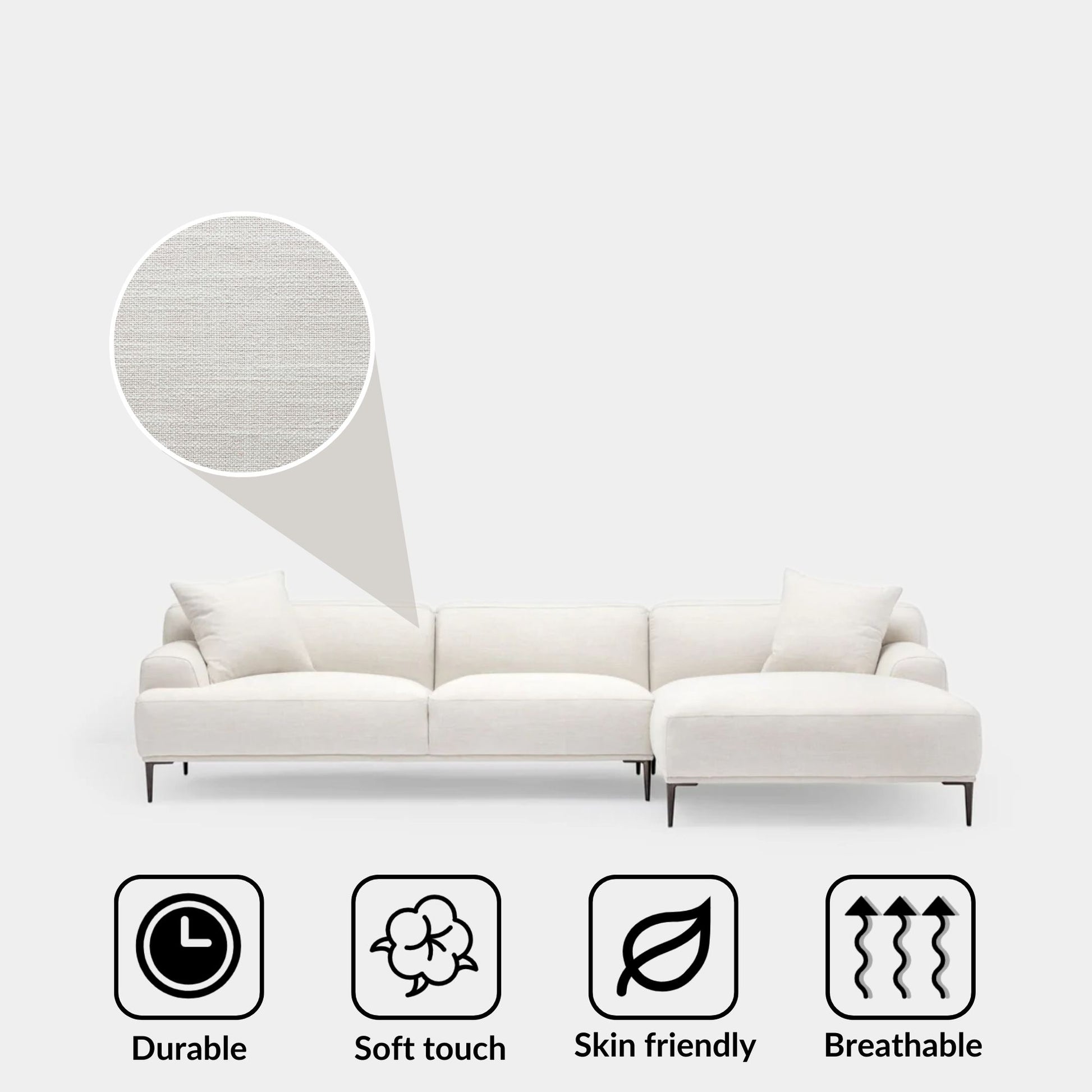 Crystal fabric sectional sofa large right white