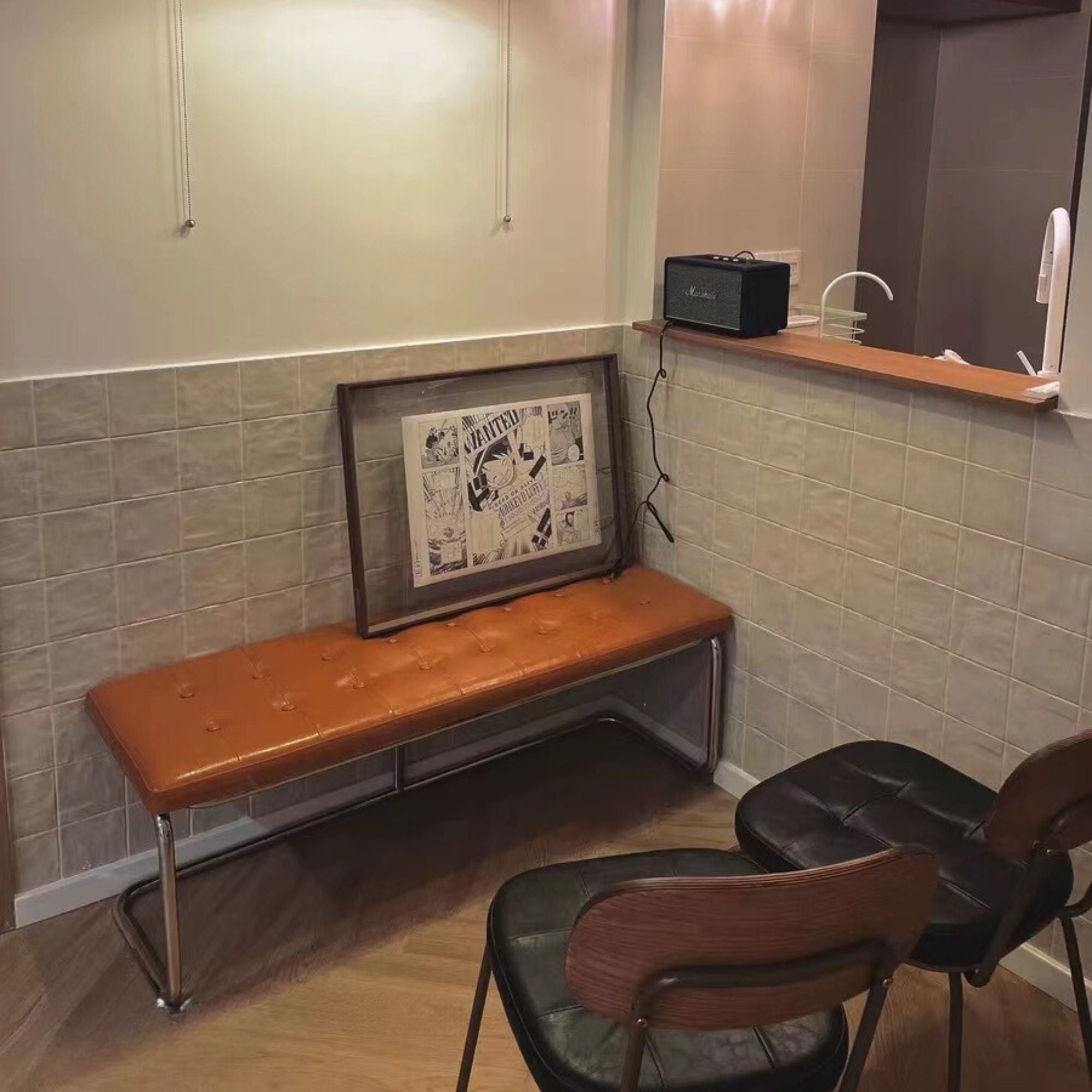 Zephyr stainless steel bench in brown dining room