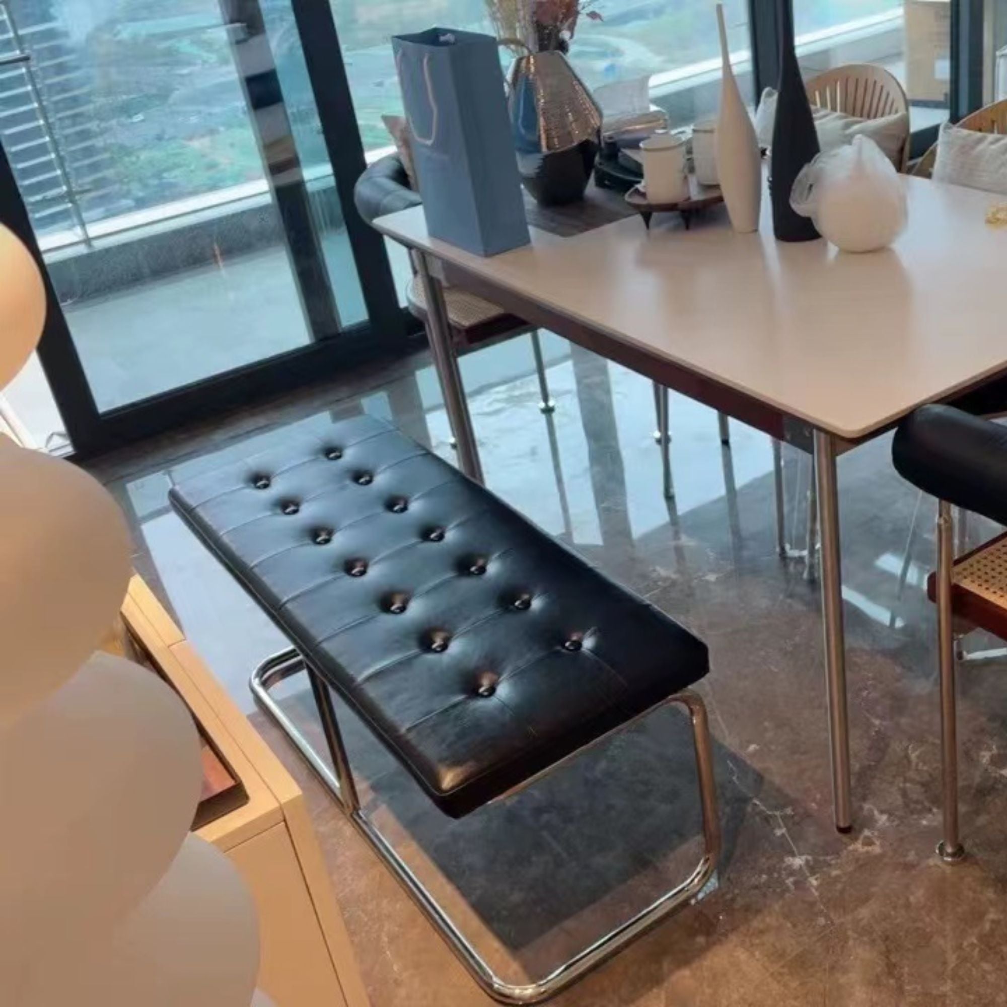 Theo stainless steel bench in black dining set