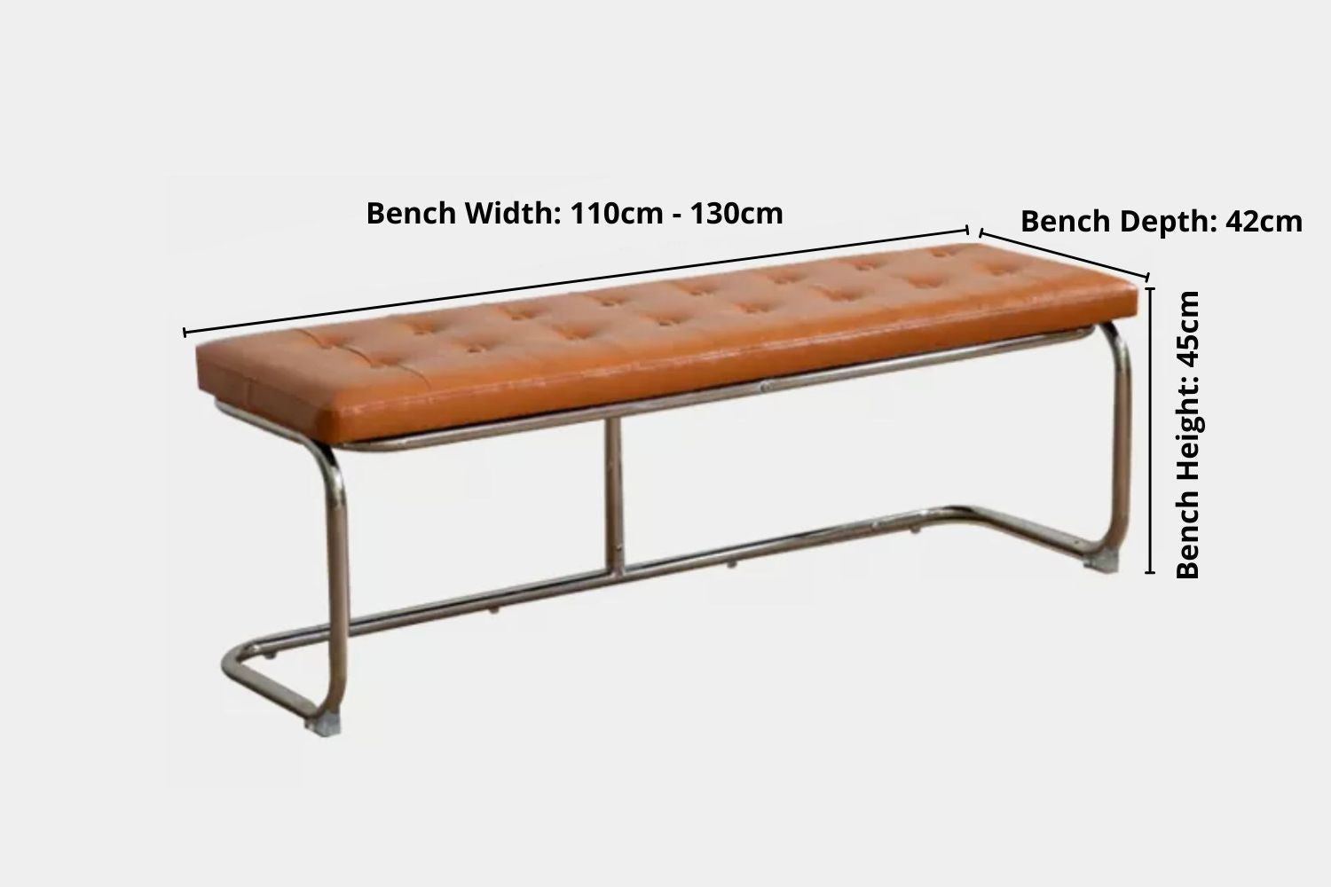 Key product dimensions such as depth, width and height for Theo Stainless Steel Faux Leather Bench