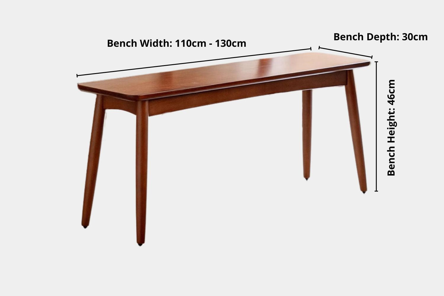 Key product dimensions such as depth, width and height for Tranquil Poplar Wood Bench