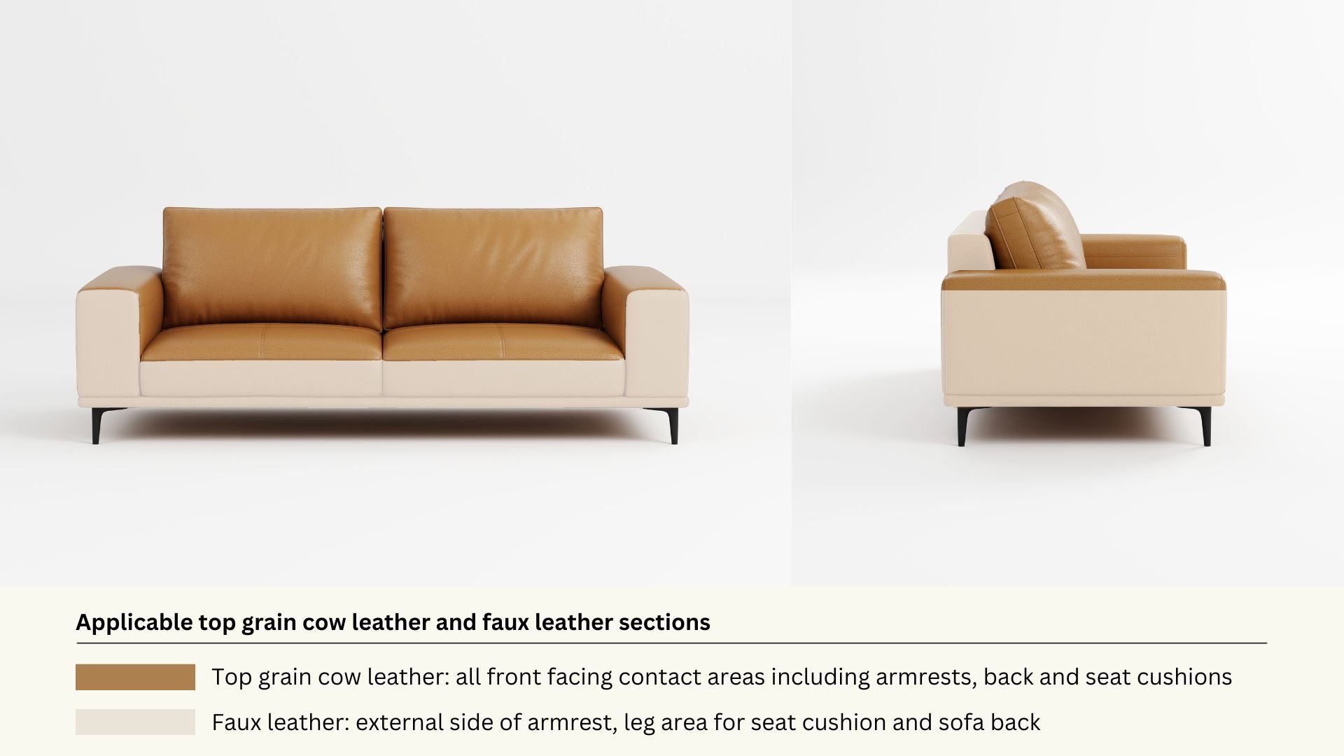 Faux leather and real leather components within a half leather sofa