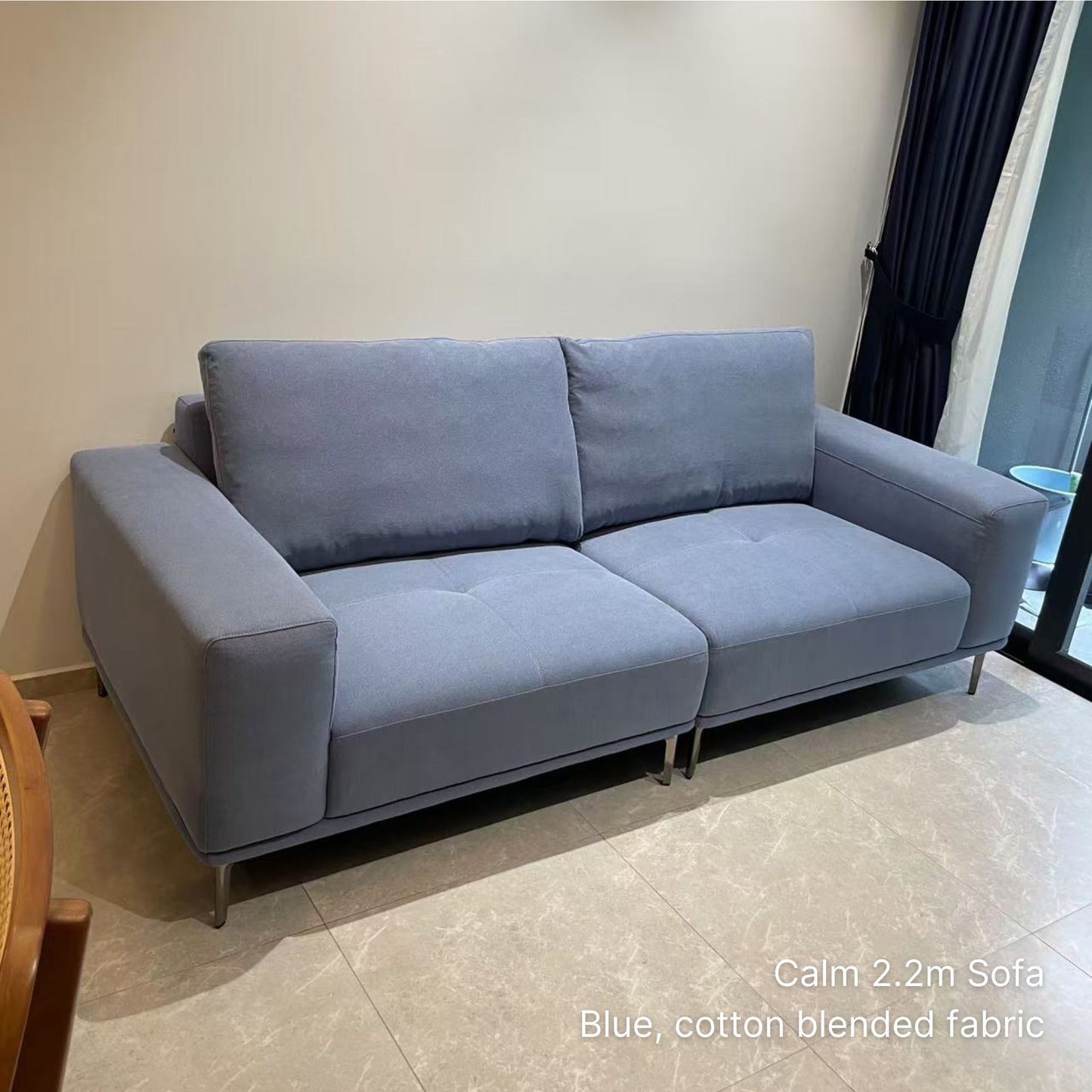 Delivered 3 seater calm fabric sofa in blue cotton blended fabric at 220cm in our customer's living room