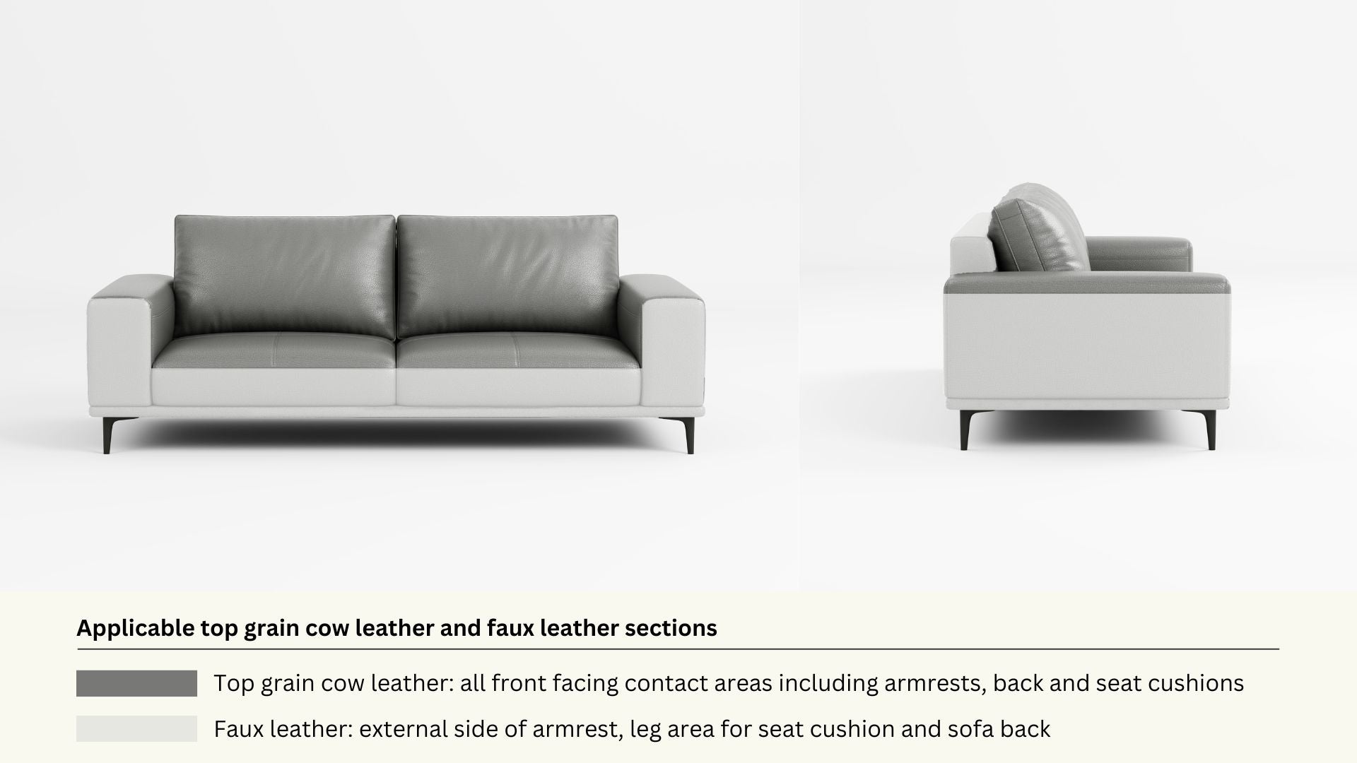 Faux leather and real leather components within a half leather sofa