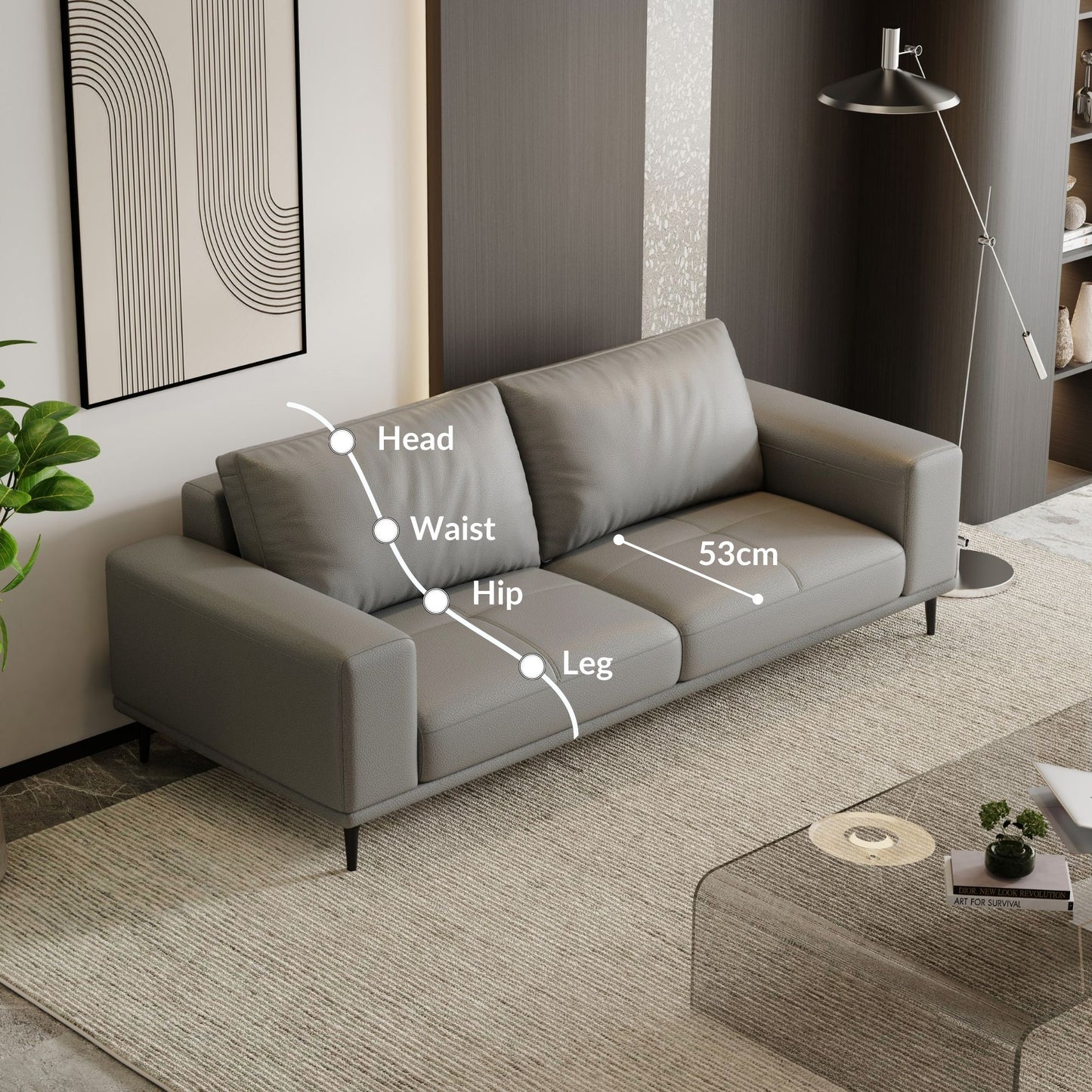 Calm grey top grain full leather sofa