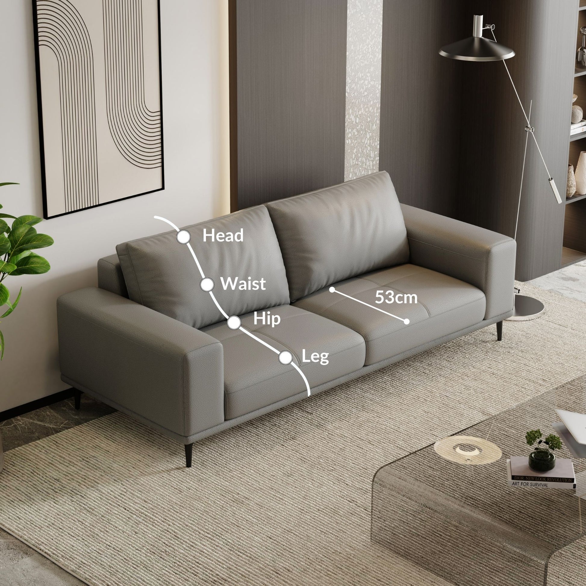 Calm grey top grain full leather sofa
