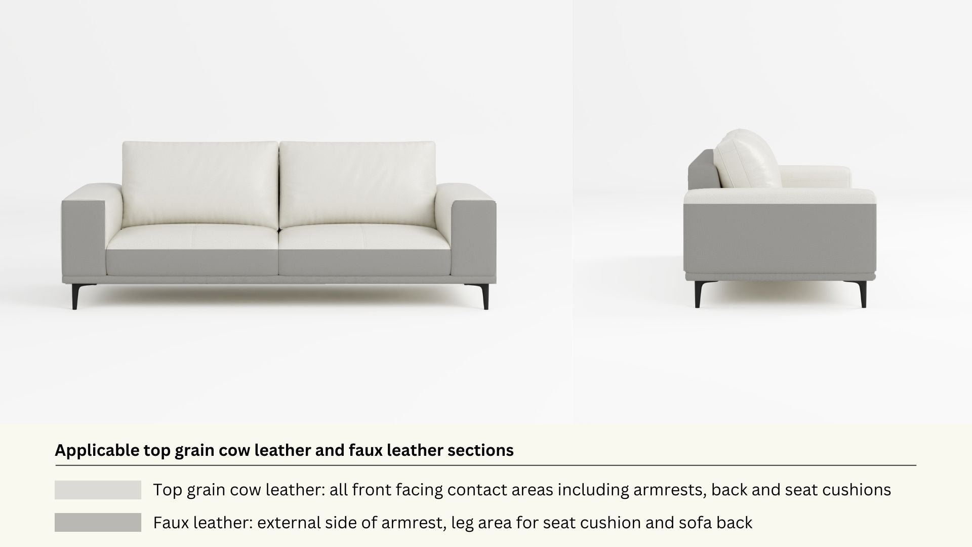 Faux leather and real leather components within a half leather sofa