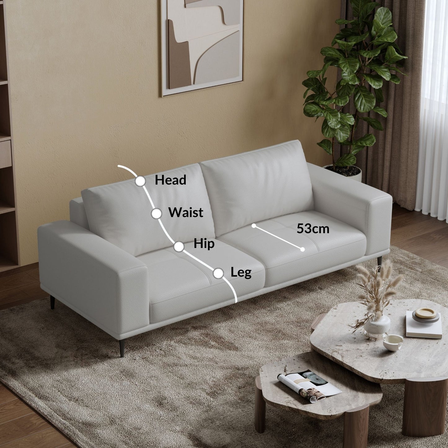 Calm white top grain full leather sofa