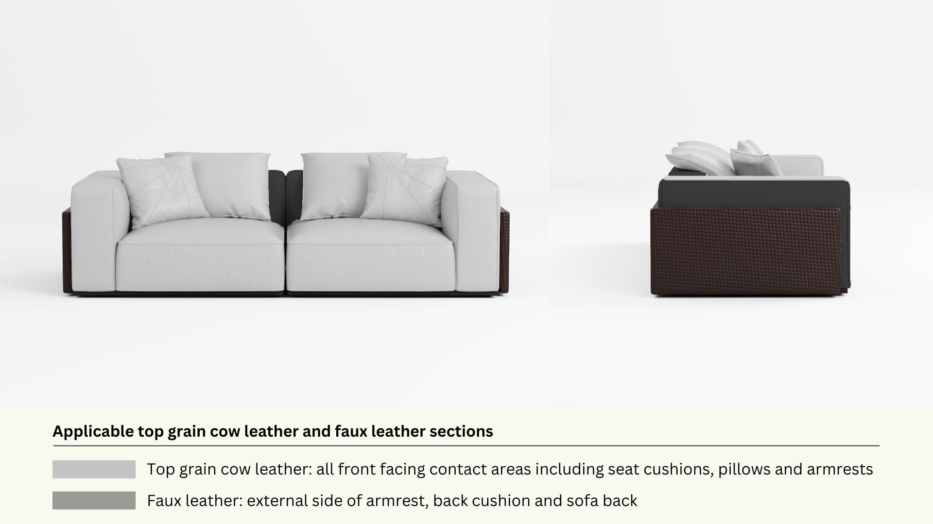 Faux leather and real leather components within a half leather sofa