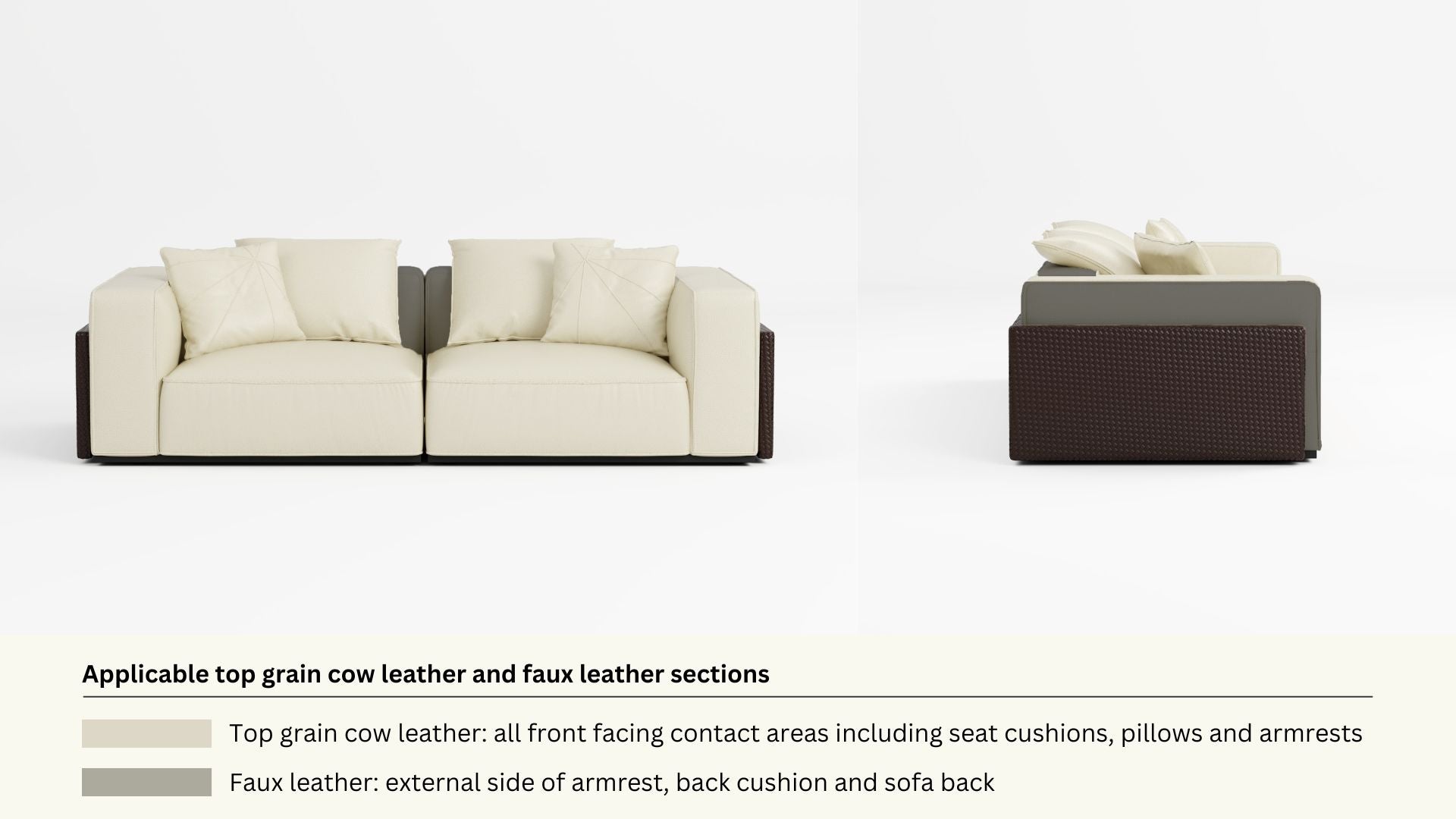 Faux leather and real leather components within a half leather sofa