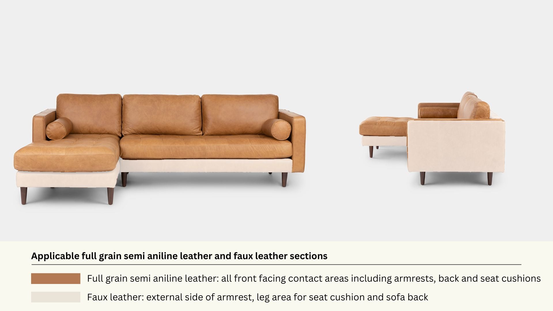 Faux leather and real leather components within a half leather sofa