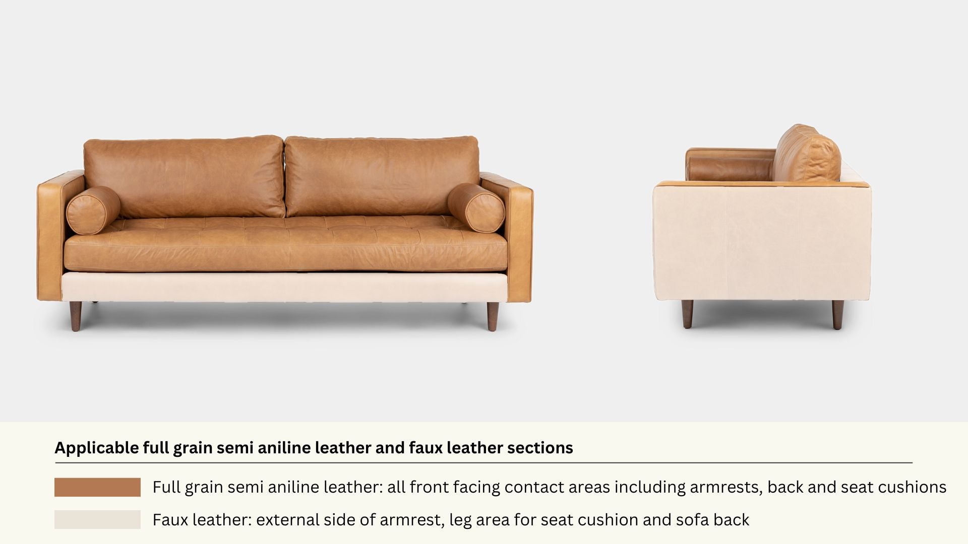 Faux leather and real leather components within a half leather sofa