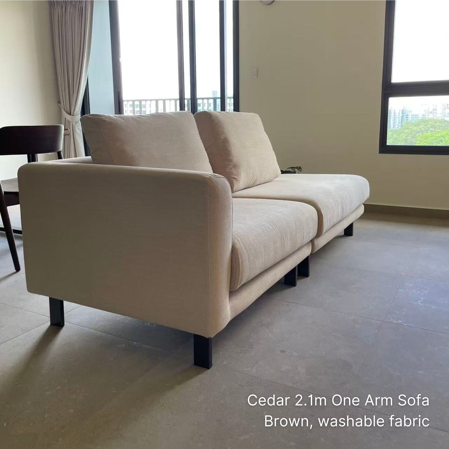 Delivered 3 seater Cedar fabric one arm sofa in brown washable fabric in Cozylant customer's living room