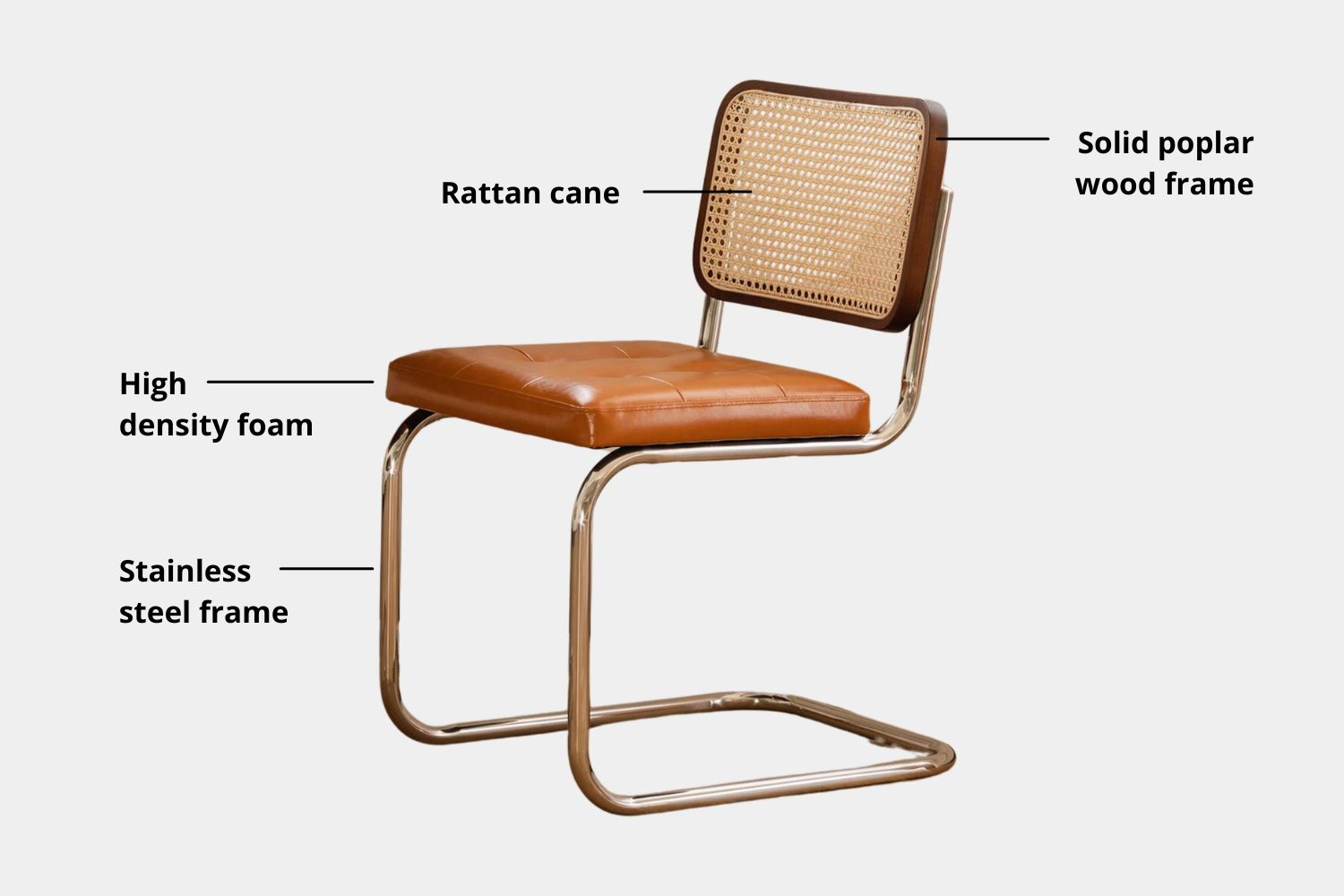Key features for product for Theo Stainless Steel Faux Leather Chair