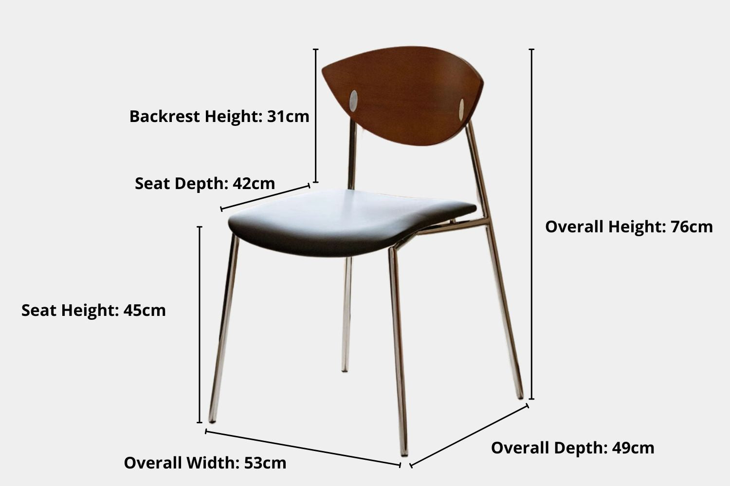 Key product dimensions such as depth, width and height for Tyra Stainless Steel Faux Leather Chair