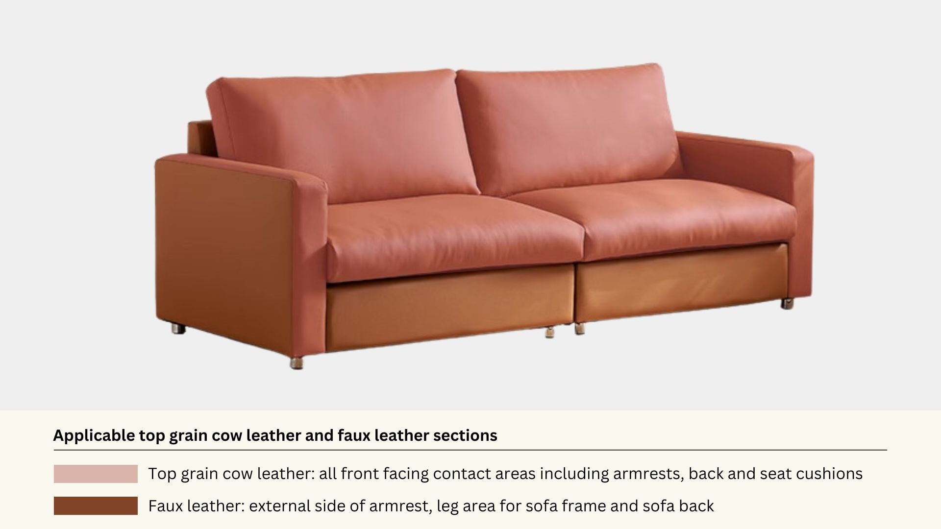 Faux leather and real leather components within a half leather sofa