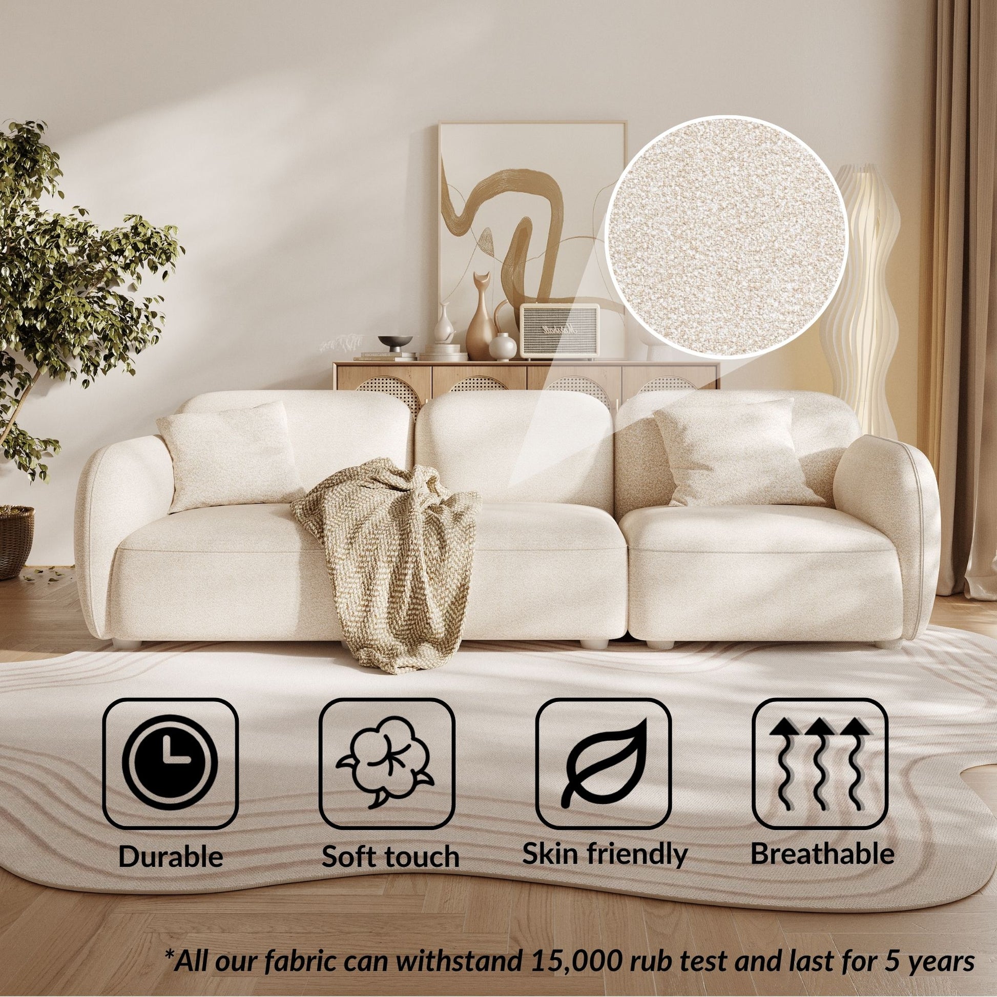Charmy beige fabric 3 seat sofa