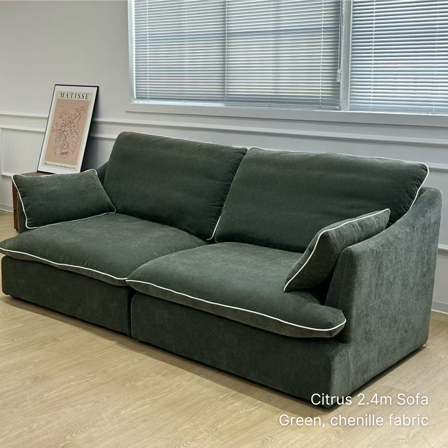 3 seater citrus fabric sofa sample at 240cm in green chenille fabric