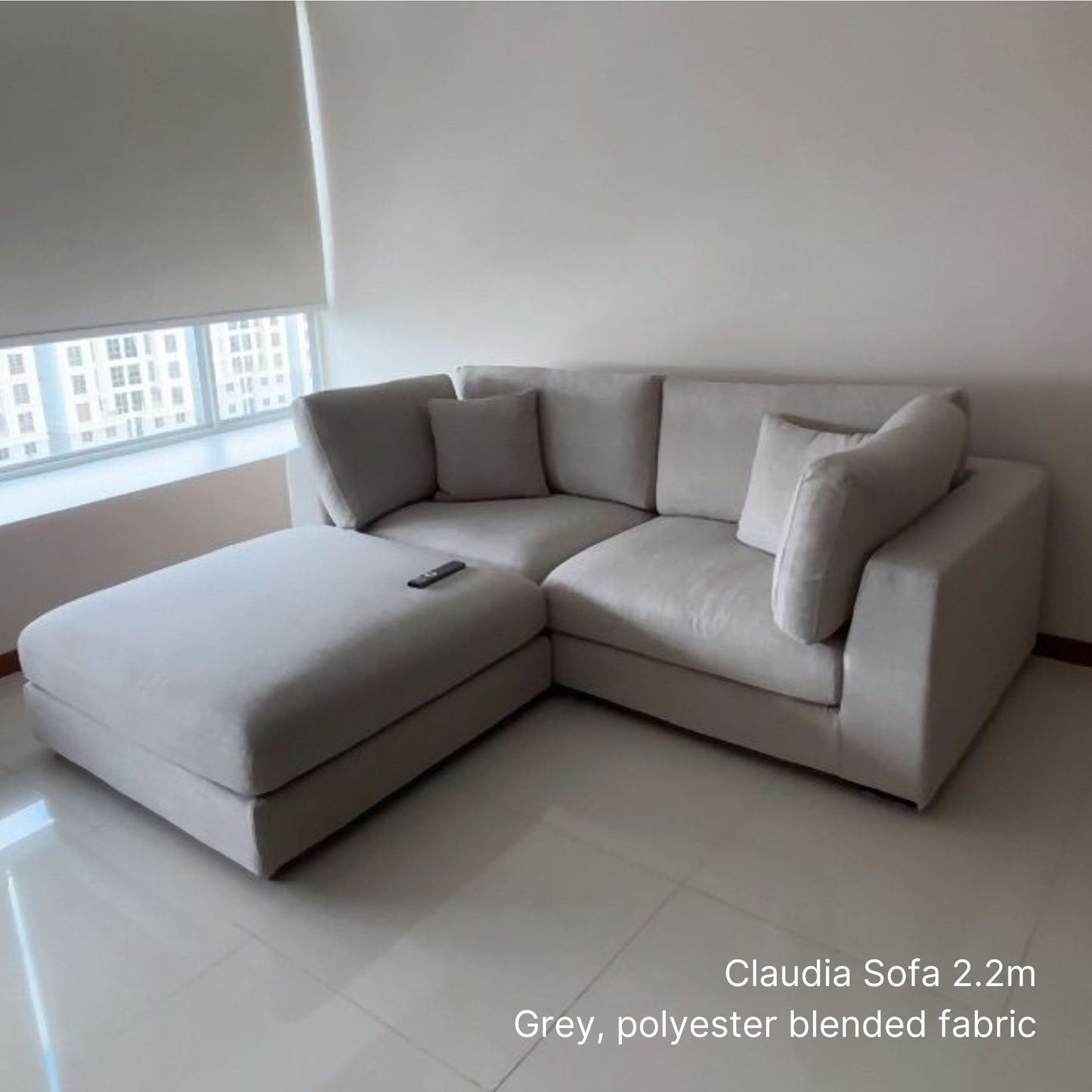 Claudia 3 seater grey linen blended fabric sofa at 220cm with ottoman