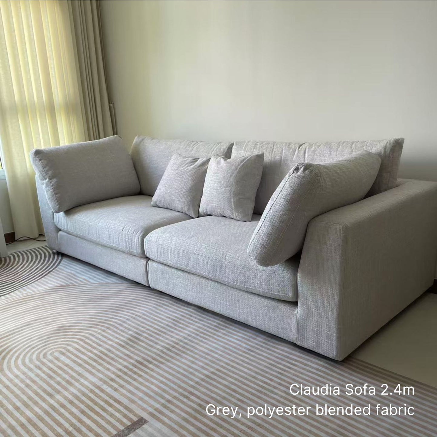 Claudia 3 seater grey polyester fabric sofa at 240cm