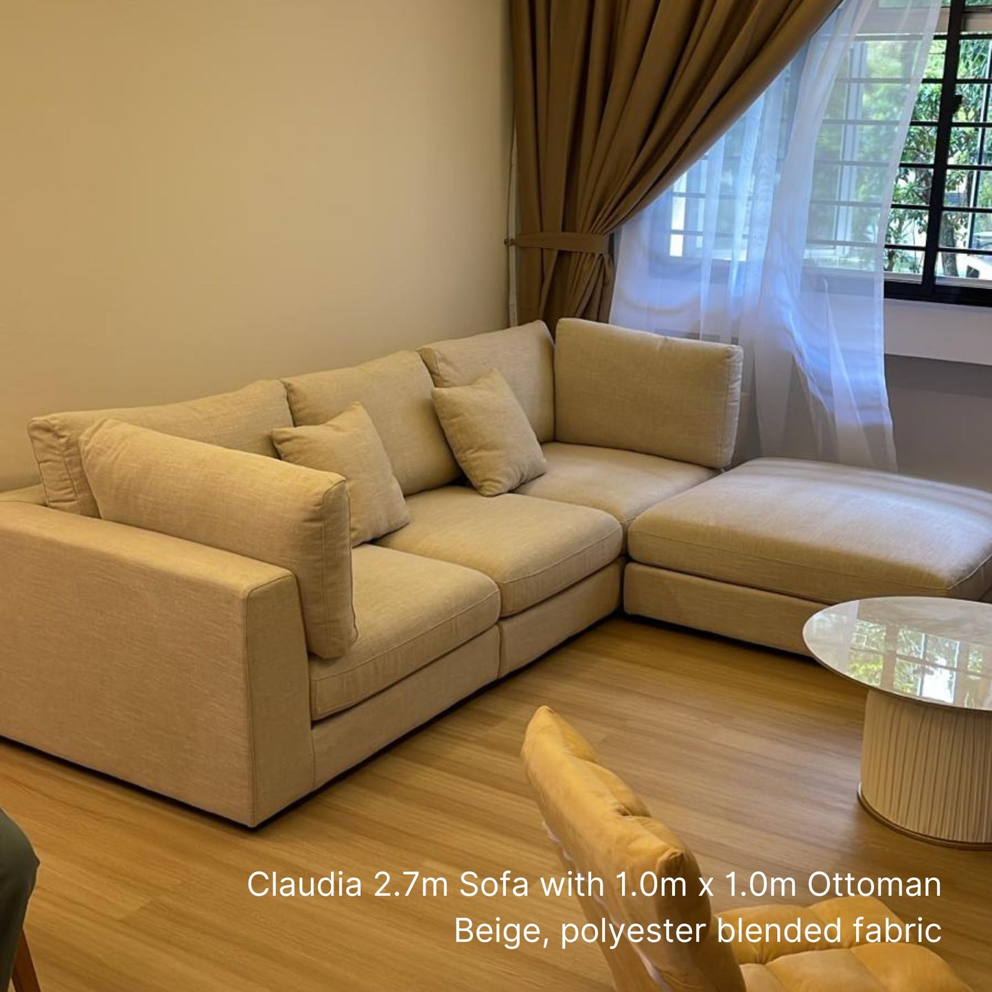 Claudia 100cm x 100cm beige fabric ottoman as a set with a 270cm 4 seater Claudia fabric sofa