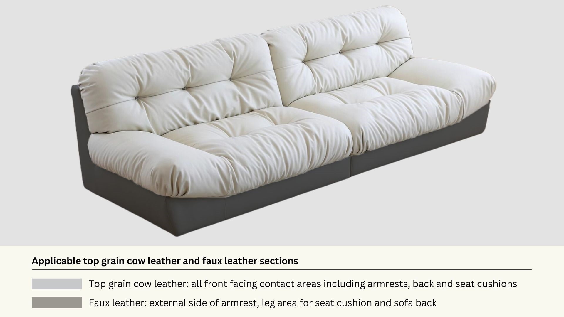 Faux leather and real leather components within a half leather sofa