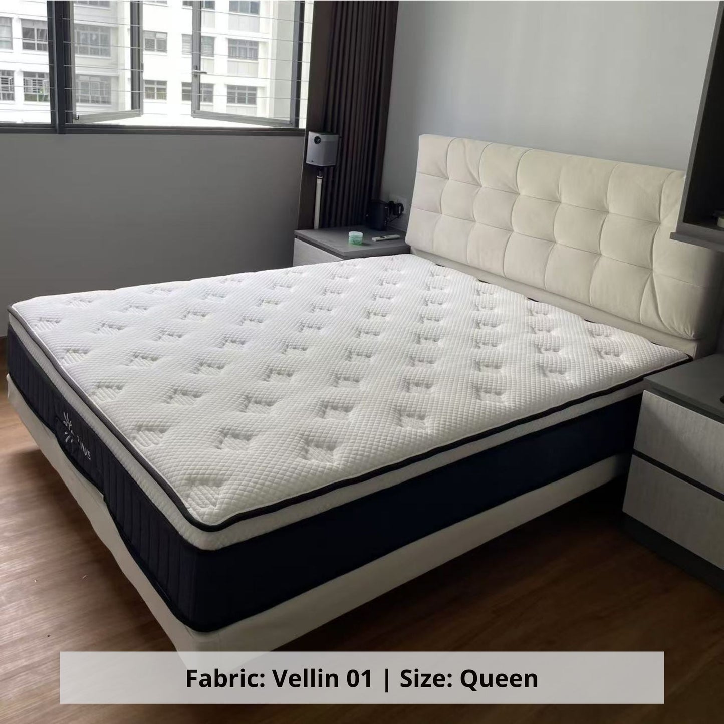 Clora queen size bed frame in vellin 01 white fabric (Other)