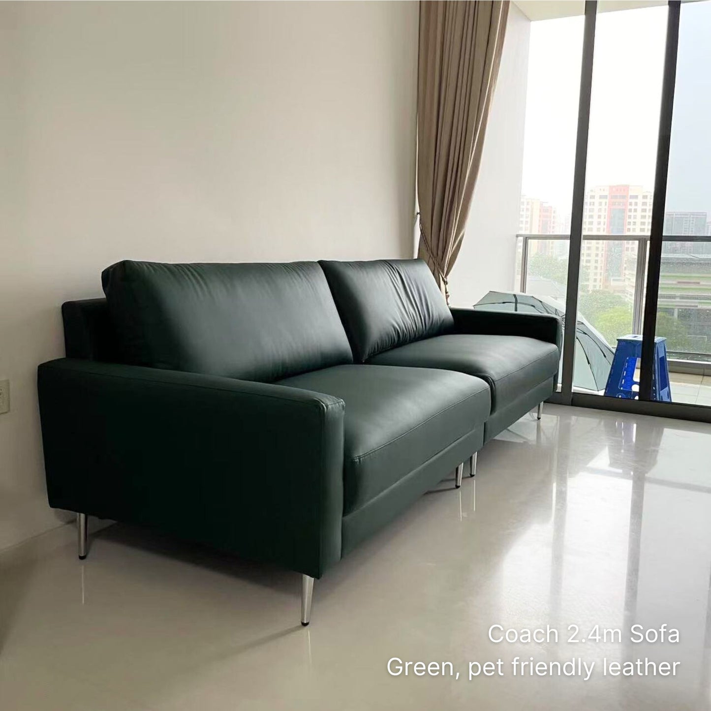 Delivered 3 seater 240cm Coach faux leather sofa in green pet friendly leather