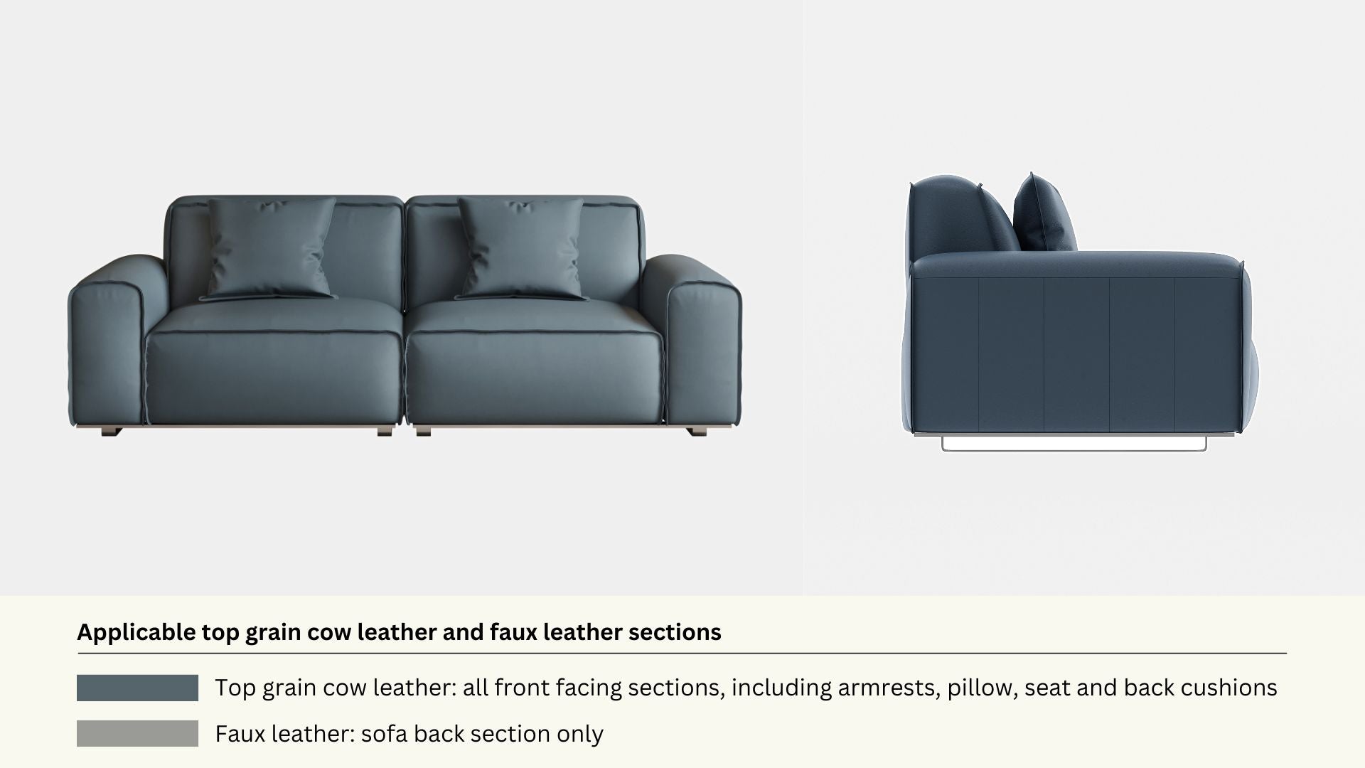 Faux leather and real leather components within a half leather sofa