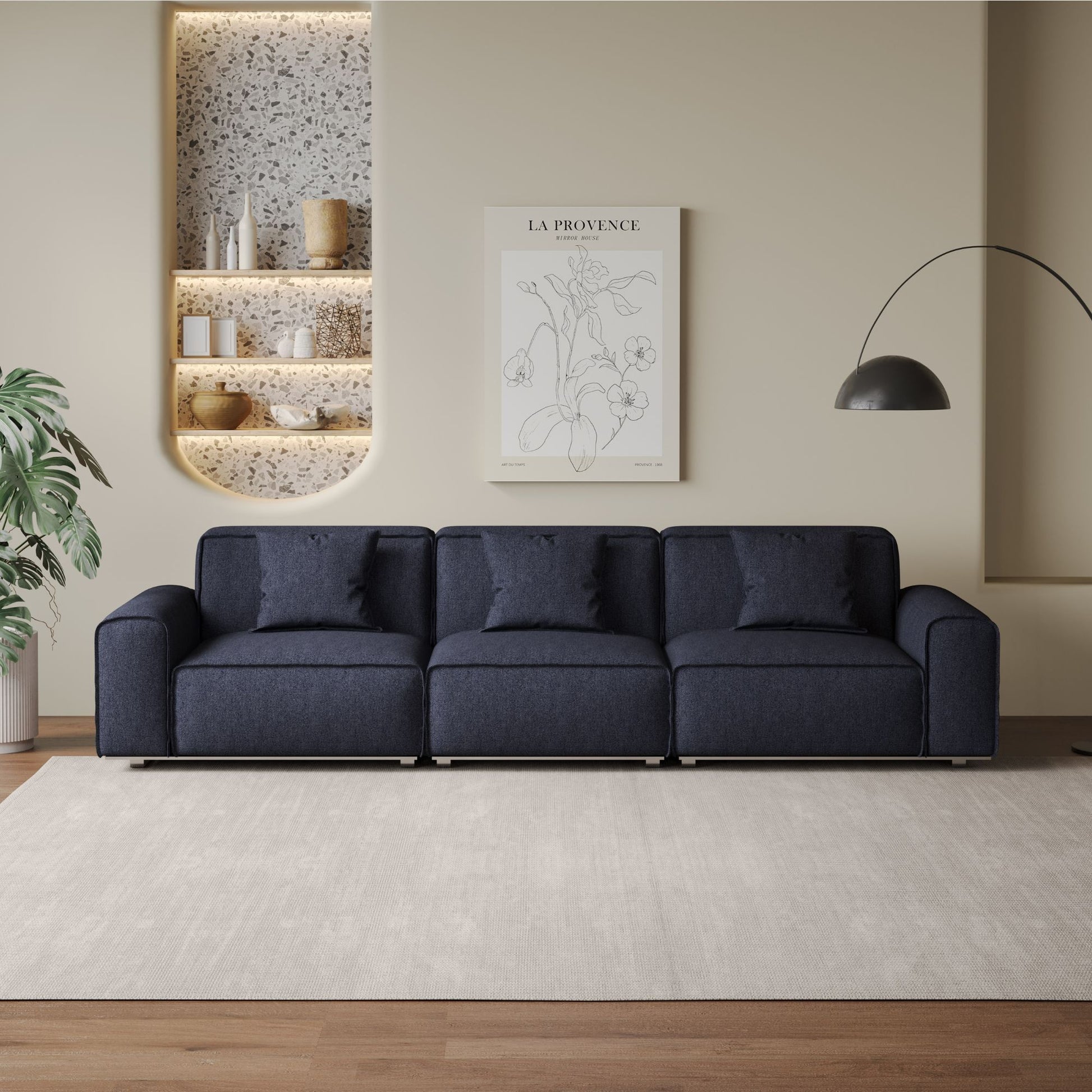 Colby dark blue polyester blend 3 seat fabric sofa