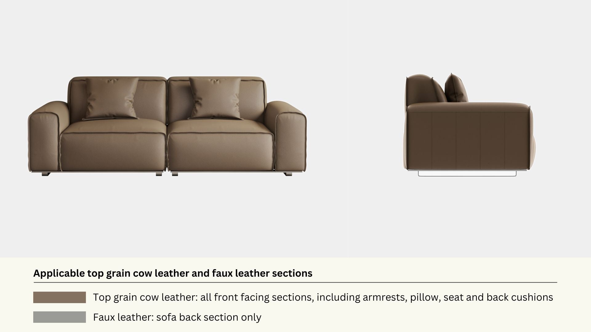 Faux leather and real leather components within a half leather sofa