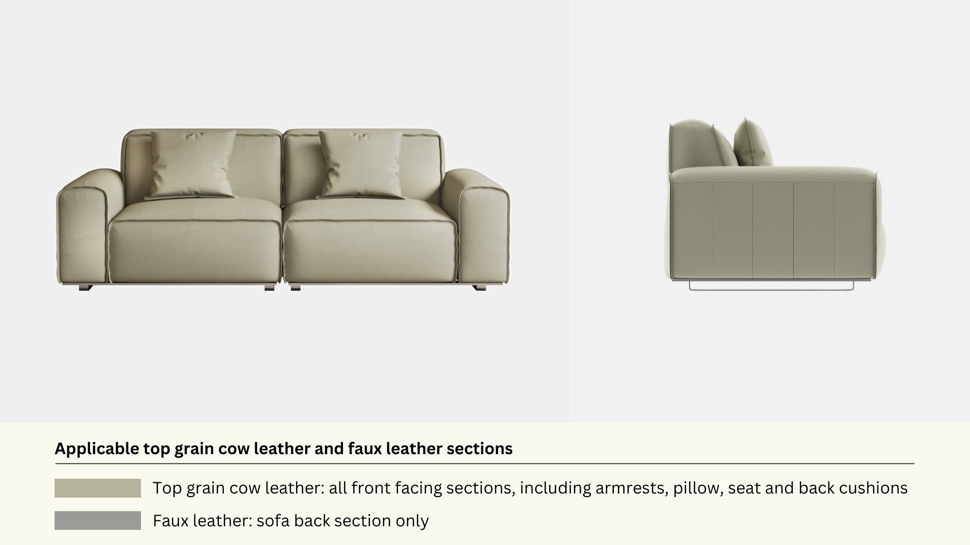 Faux leather and real leather components within a half leather sofa
